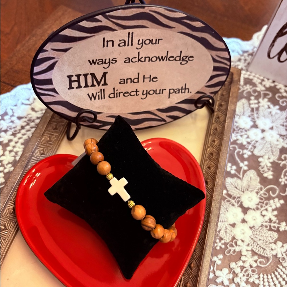 Wood Beads Bracelet with Jade Cross Charm